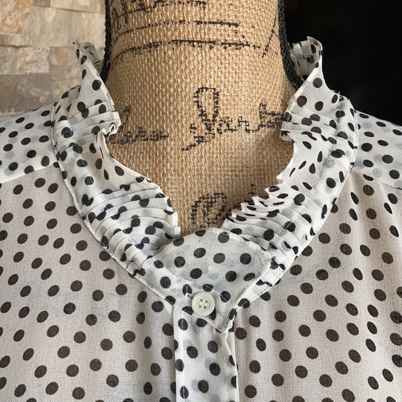 Zara oversized white sheer blouse black polka dots high ruffle neck button down - Picture 4 of 15